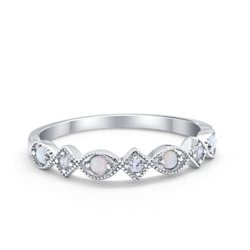 Art Deco Stacking Half Eternity Wedding Ring Lab Created White Opal 925 Sterling Silver